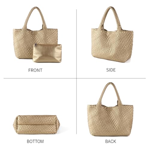 Handmade Woven Bag Satchel Handbag For Women Vegan Leather Tote Bag With Purses Travel Shoulder Bag Underarm Bag - color: Gold