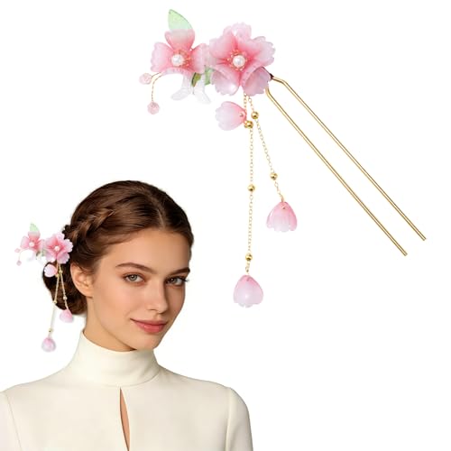 Chinese Dangling Hair Sticks Pink Flower Hairpin with Tassel Ancient Peach Blossom Hanfu Style Hair Fork Retro Flower HairClip Resin Handmade Bridal Pins Ornaments Stick for Women Girls