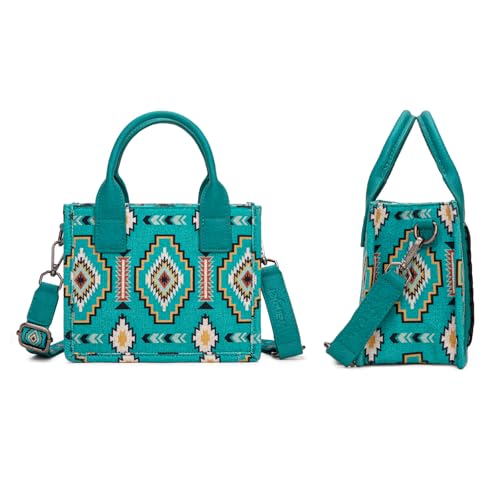 Wrangler Mini Aztec Tote Bag for Women Boho Small Top Handle Purse with Adjustable Strap - color: Boho Turquoise