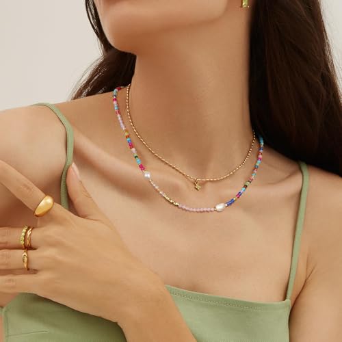KissYan Beaded Choker Necklace for Women, Colorful Natural Gemstones Pearl Choker 14K Gold Plated Pendant Healing Crystal Necklace Handmade Stone Jewelry Gift - color: H-Colorful Pearl