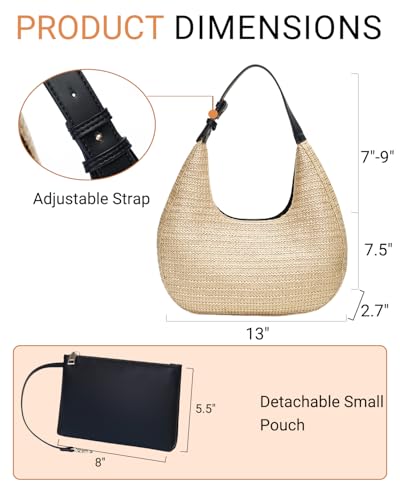 Herald Hobo Crescent Straw Handbag for Women, Summer Beach Tote Bag Purse Top Handle Satchel with Adjustable Strap - color: Brown