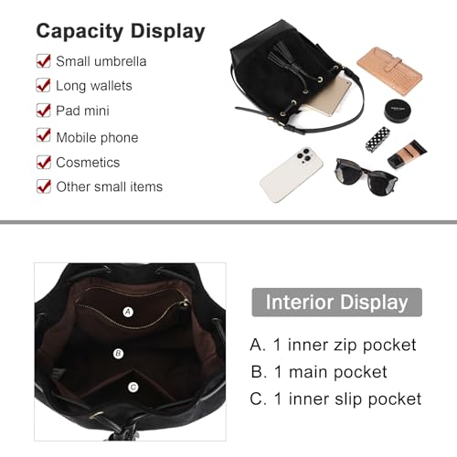 AFKOMST Faux Suede Bucket Bags and Drawstring Crossbody Purse for Women Medium Tote Handbags with 2 Shouder Straps | Fit Pad mini, Long Wallet, Removable Long Strap - color: Black