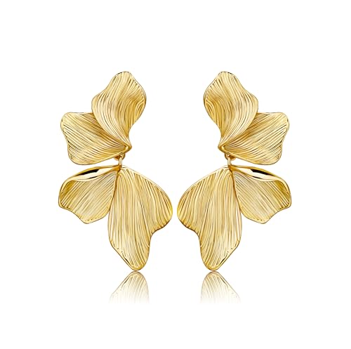 Gold Statement Earrings For Women 18K Gold Plated Sectored Flower Leaf Shell Angel Wing Earring Large Stud Earrings Hypoallergenic Stud - color: Flower Leaf Earrings