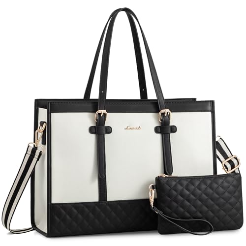 LOVEVOOK Women's Canvas Laptop Tote, 17.3 inch, Large Capacity Work Bag with Clutch Purse, Computer Bag Office Business Briefcase, Casual Handbag for Travel College Teacher School - color: A-black & White, size: 17.3 inch