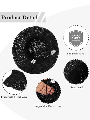 LA CARRIE Womens Sun Hat Floppy Packable Wide Brim UV Protection UPF 50+ Straw Hat with Embroidery for Summer Beach - color: Black