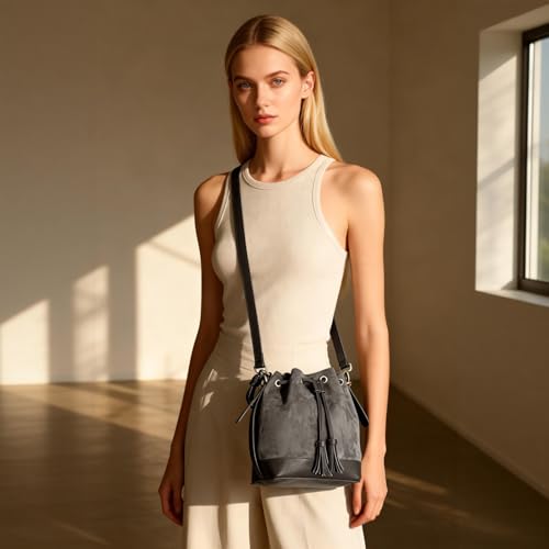 AFKOMST Faux Suede Bucket Bags and Drawstring Crossbody Purse for Women Medium Tote Handbags with 2 Shouder Straps | Fit Pad mini, Long Wallet, Removable Long Strap - color: Grey