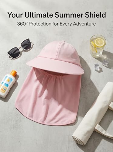 Outdoor Wide Brim Sun Hat Visor for Women, Detachable Face & Neck Cover, Hiking Gardening UPF 50+, Ponytail Friendly - color: Pink