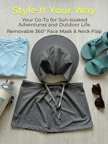 Outdoor Wide Brim Sun Hat Visor for Women, Detachable Face & Neck Cover, Hiking Gardening UPF 50+, Ponytail Friendly - color: Dark Grey