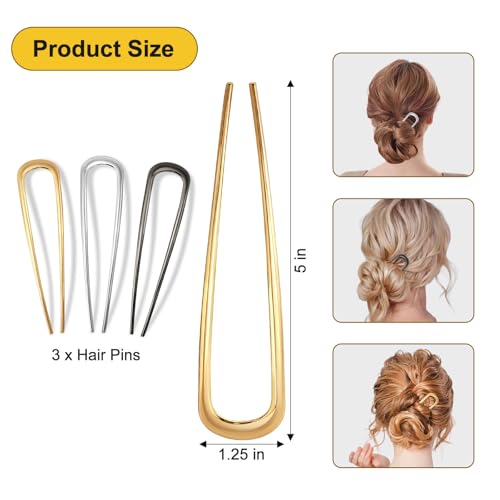 3PCS Metal French Hair Pin-5", Elegant & Durable U Shaped Hair Pins for Women, Secure Hold and Comfortable Fit For Dense, Thick & Long, Hairstyle Accessories