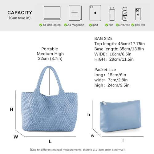 Handmade Woven Bag Satchel Handbag For Women Vegan Leather Tote Bag With Purses Travel Shoulder Bag Underarm Bag - color: Light Blue