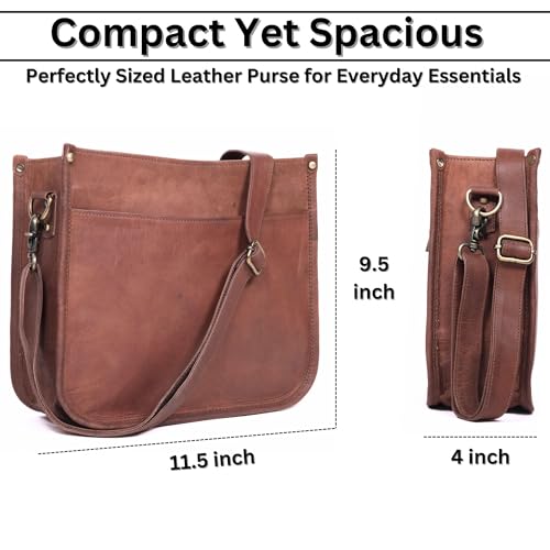 Genuine Leather Crossbody Purse for Women – Medium Satchel Bag with Zipper Pocket – Soft Vintage Boho Handbag - color: Brown