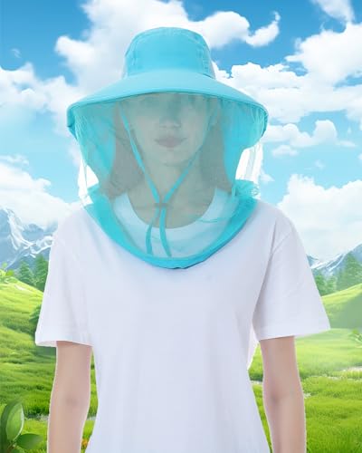 Womens Sun Hat Outdoor UV Protection Wide Brim Fishing Hat with Ponytail Hole Neck Flap for Beach Hiking Camping - color: Mosquito Net-sky Blue