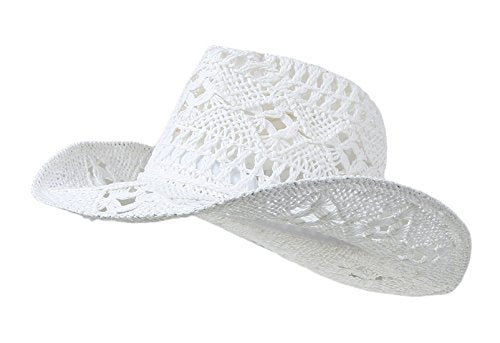 Men & Women's Summer Cowboy Cowgirl Straw Hat Hollow Out Woven Roll Up Wide Brim Sun Hat with Chin Strap - color: White