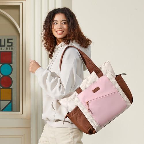 LOVEVOOK Tote Bag for Women, puffer tote bag for Work Travel Nurse, Lightweight quilted Bags with Compartments - color: M-15.6 Inch-‎cream-pink