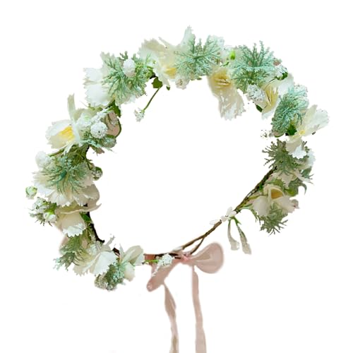 Boho Floral Crown for Women– Adjustable Faux Silk Flower Headband, Handmade Wedding Hair Accessory for Festivals & Photoshoots, Flower Hair Crown for Women (White Flower Leaf, Adjustable) - color: White Flower Leaf
