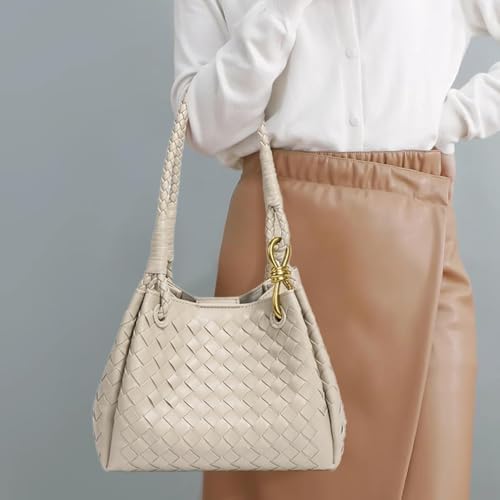 2 Pcs Slouchy PU Leather Woven Bucket Hobo Bags Women Underarm Shoulder Crossbody Purse Top-handle Tote Handbag 2025 - color: White