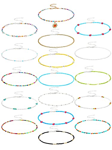 Hicarer 16 Pcs Beaded Choker Necklace Boho Women Summer Beach Colorful Jewelry Bead Seed Beads Choker for Women - style: Fresh