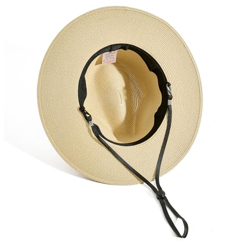 Lanzom Women Wide Brim Straw Panama Roll up Hat Fedora Beach Sun Hat UPF50+ - color: Khaki Without Band, size: Large-X-Large