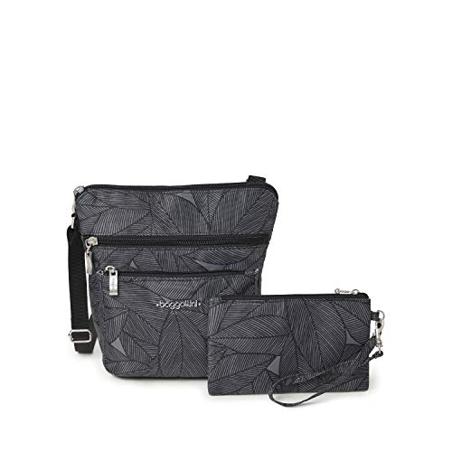 Baggallini Pocket Crossbody Bags for Women 8x8 Small Lightweight Durable Water-resistant Travel Purse W/Rfid - color: Pewter Leaves