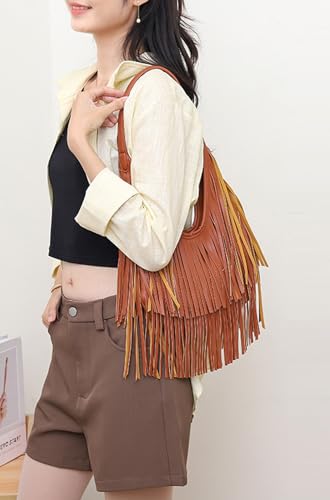 Fringe Hobo Shoulder Bag Vegan Leather Layered Tassel Women Purse Bags | layered tassel - color: Brown