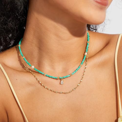KissYan Beaded Choker Necklace for Women, Colorful Natural Gemstones Pearl Choker 14K Gold Plated Pendant Healing Crystal Necklace Handmade Stone Jewelry Gift - color: K-Turquoise Green