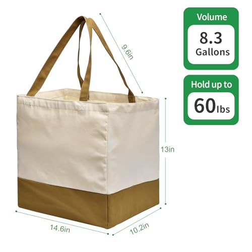 3 Pack Canvas Reusable Grocery Bags Heavy Duty, 8.3 gal Foldable Large Tote Bag with Handles, Holds 60 lbs Canvas Shopping Bags & Washable Eco-friendly Bags with 5 Pockets, camel+Off white - color: [A1] Off White / Brown, size: 3 Pack