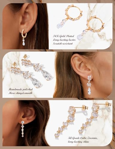 Dangle Earrings for Women, 14K Gold Plated Elegant Wedding Bride's Long Cubic Zirconia Drop Earrings, Sterling Silver Hypoallergenic Bridesmaid Trendy Dainty Simple Sparkling Wedding Jewelry - color: Small circle-Silver