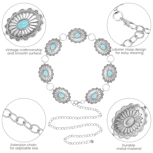 Concho Chain Belt for Women, Premium Body Waist Belly Belt for Concerts, Festivals, Cosplay, Daily Wear - color: Turquoise