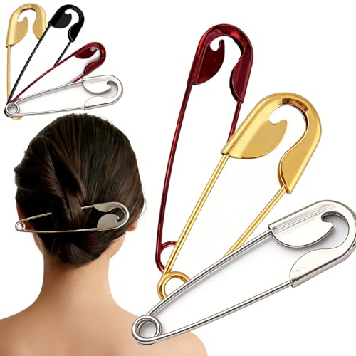 Mega Safety Hairpin - Mega Safety Pin Hairpin, Oversized Metal Hair Pin for Bun & Updo, Stylish Hair Stick Bun Holder - color: 3PCS-E