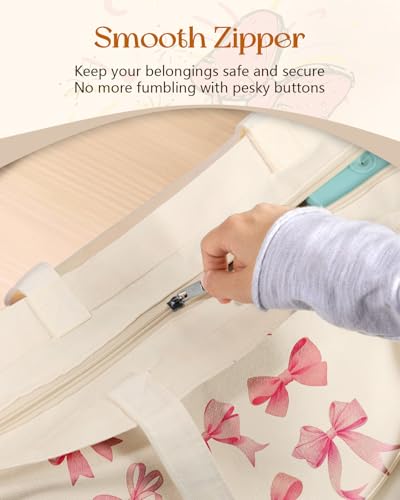 Miss Adola Canvas Tote Bag with Zipper – Cute Canvas Bags for Women Aesthetic Design Reusable Totes for Shopping Work Travel - style: Pk Bow Knot