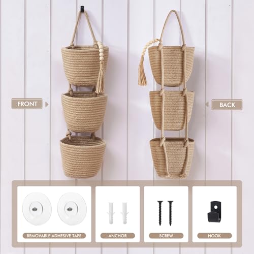 Fabric Wall Hanging Organizers - Small Woven Baskets Pouches Set Boho Style Wall Mounted Bag with Adhesive Hook, Storage Decoration Pocket Caddy for Closet Playroom RV Nursery (Linen & Black) - color: Linen & Black