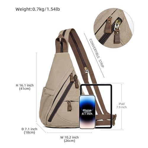 KL928 Canvas Sling Bag - Small Crossbody Backpack Shoulder Casual Daypack Rucksack for Men Women(Large Version,Khaki) - color: Canvas-khaki