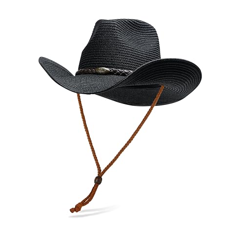 Straw Cowgirl Hat for Women Cowboy Hats for Men Wide Brim Sun Hat Shapeable Western Hat Beach Hat - color: Black