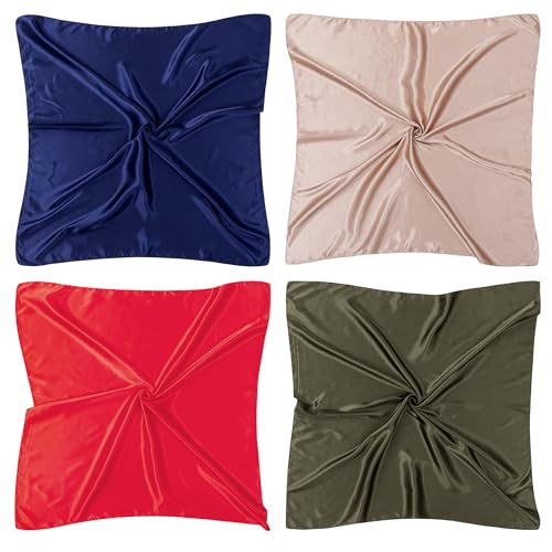 HBselect 4PCS Head Scarf for Women 35” Head Scarves Silk Like Satin Neck Scarfs Square Bandana Hair Wraps Scarf for Sleeping - color: Navy Blue, Khaki, Red, Army Green