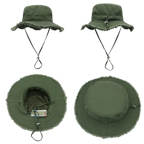 LLmoway Womens UPF50+ Cotton Wide Brim Sun Hat with Strap Ladies Summer Floppy Hats Packable Women Washed Fringes Bucket Hat - color: Olive Green