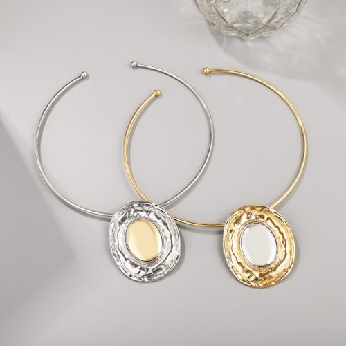 Two Tone Oval Pendant Open Circle Choker for Women Statement Tribal African Jewelry Gold-plated Cool Collar Necklace with Disc Charm Punk Simple Ethnic Necklace