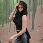 Boho Raw-Edge Crop Top – Adjustable Halter with Open Back & Cross-Wrap Design, 100% Cotton Beach Cover Up - color: Black