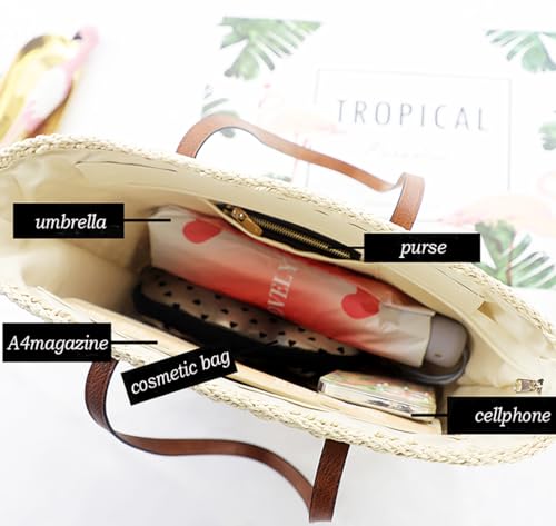 Beaguful Women's Shoulder Handbags Beach Chic Tote Purse Leisure Vacation Hobo Bag with Zipper Closure - color: Light Brown