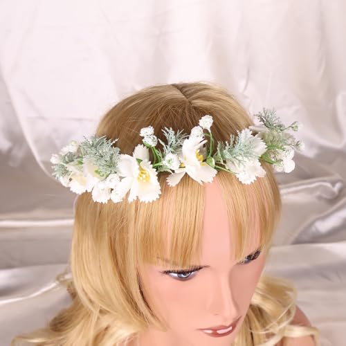 Boho Floral Crown for Women– Adjustable Faux Silk Flower Headband, Handmade Wedding Hair Accessory for Festivals & Photoshoots, Flower Hair Crown for Women (White Flower Leaf, Adjustable) - color: White Flower Leaf