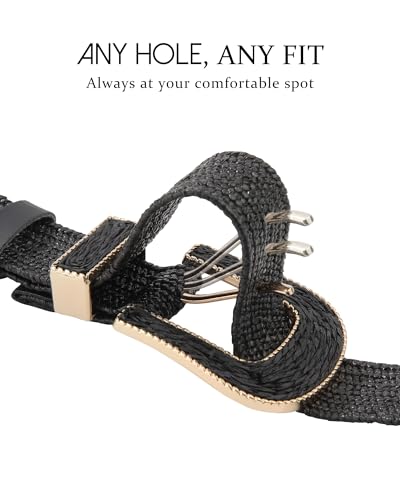 AWAYTR Womens Boho Woven Belt - Easy Care Plastic Elastic Belt with Handmade Raffia Buckle for Daily Vacation Work - color: Black, size: Fit Waist 36''-41''