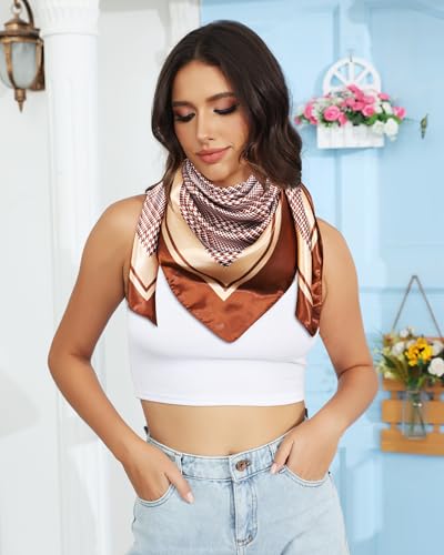 AWAYTR 35” Satin Head Scarf for Women Like Silk Scarf Hair Bandanas Women Large Square Neck Scarf Headscarf Head Wrap - color: Plaid - Brown + Champagne