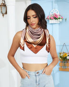 AWAYTR 35” Satin Head Scarf for Women Like Silk Scarf Hair Bandanas Women Large Square Neck Scarf Headscarf Head Wrap - color: Plaid - Brown + Champagne
