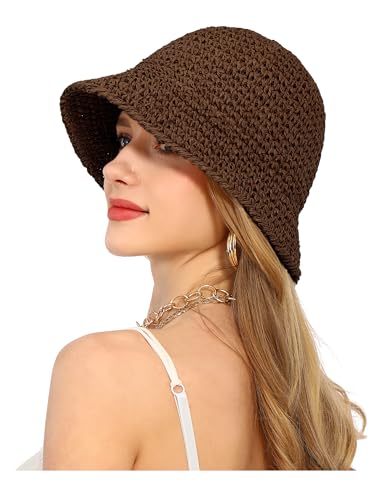 Rulala Fancy Womens Sun Hat Handmade Straw Bucket UV Protection Wide Brim Packable Travel Summer Cap for Beach UPF 50+ - color: Coffee
