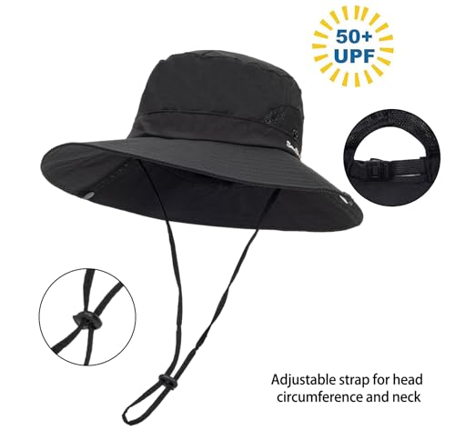 Womens Summer Sun Hat Beach Hat Wide Brim Outdoor UV Protection Hat Packable Mesh Bucket Hat with Ponytail Hole - color: Solid Black