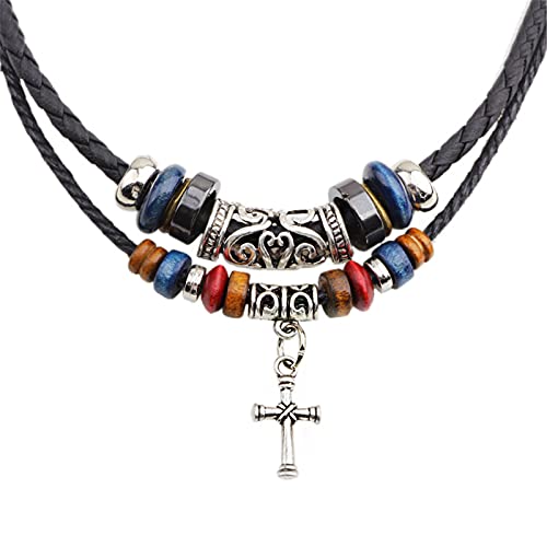 ONLYJUMP Bohemian Double Layers Leather Necklace for Men Women Vintage Boho Tribal Ethnic Wood Beads Braided Adjustable Hipppie Cross Hemp Cords Pendant Charm Choker Jewelry - color: Cross