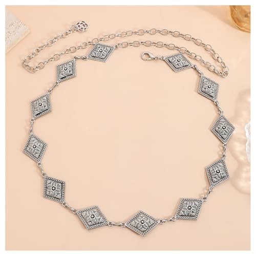 Adjustable Link Belly Belt,Vintage Boho Waist Chain Belt,Outfit Dress Jean Floral Pendant Festival Belt for Women - color: Silver
