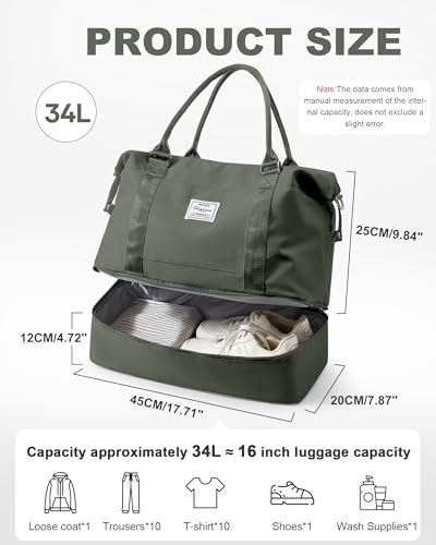Spirit Travel Duffel - 18x14x8 Inches Weekender Overnight Bag with Shoes Compartment, Trolley Sleeve, Carry On for Airplanes, Sport Tote Gym Bag - Green - color: H1-Green, size: Large