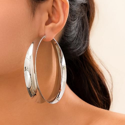 Chunky Gold Silver Hoop Earrings for Women Wide Flat Huggie Hoops Dangle Earrings Big Large Punk Smooth Surface Statement Earrings Fashion Jewelry - color: B Silver