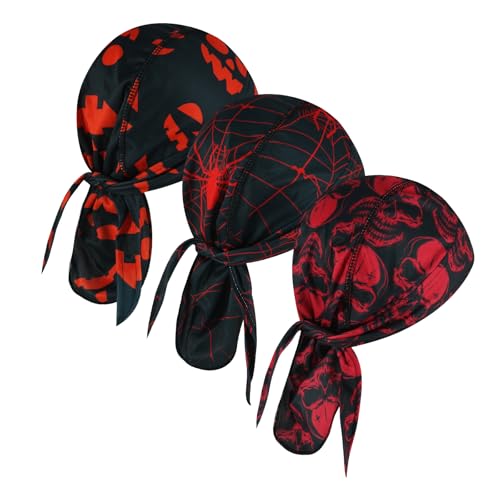 DOCILA 3 Pcs Do Rags for Men Skull Cap Bandana Hat Breathable Helmet Linner Beanie - color: Blackorangered