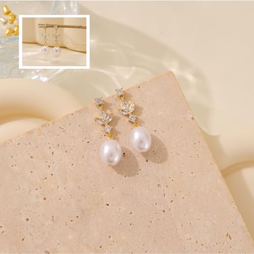 Hayopi Pearl Earrings for Women - Dainty Gold Dangle Drop Earrings, 14k Gold Plated Cute Bow Design, Hypoallergenic Pearl Studs, Wedding Jewelry Gifts - color: GOLD-Long 3 leaf earrings